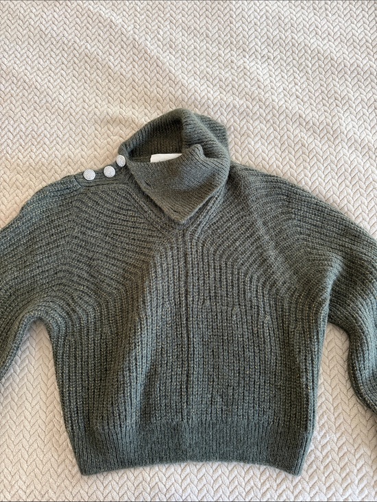 ba&sh Sweaters - ba&sh Olive Green Ribbed Funnel Neck Sweater with Shoulder Buttons